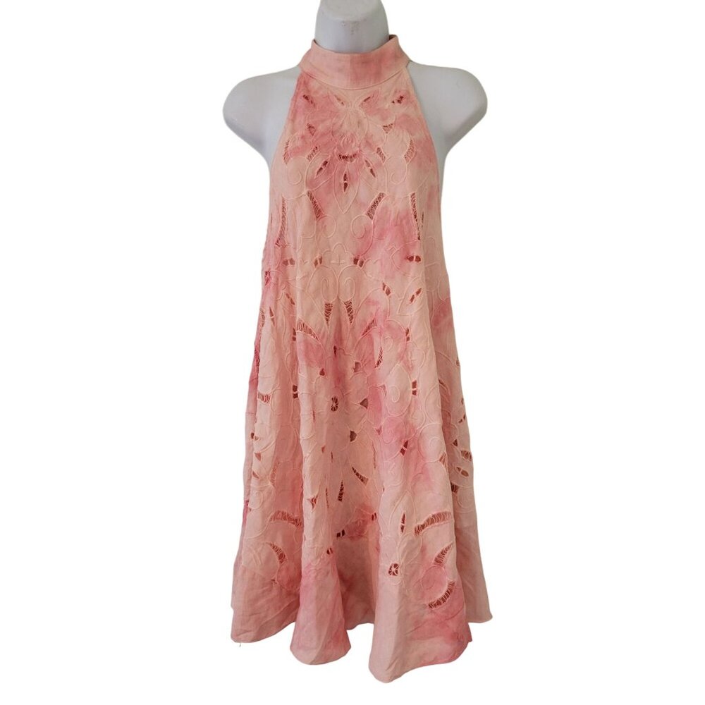 Free People S Pink Mini Tunic Dress Boho Chic Mock High Neck Swing Floral Croche